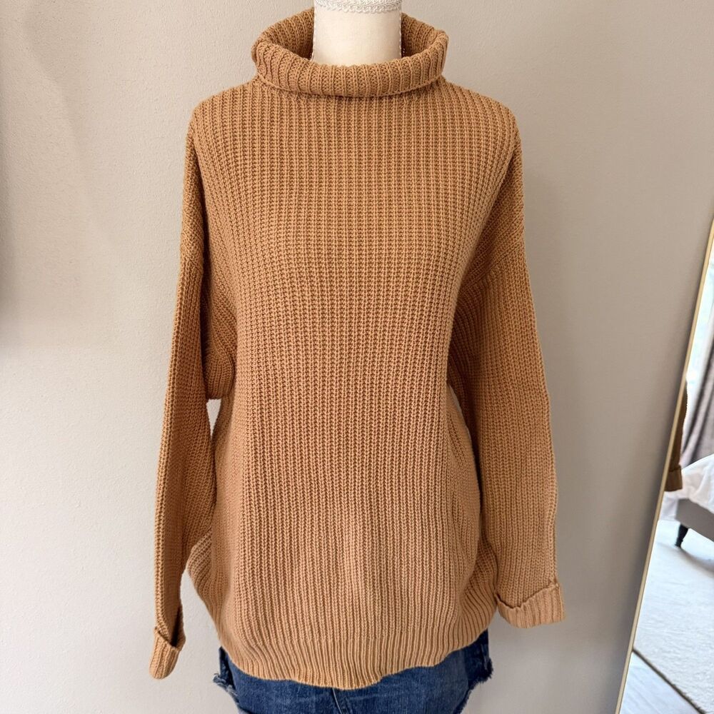 American Eagle Women's Oversized Mock Neck Sweater Camel Brown preppy coastal